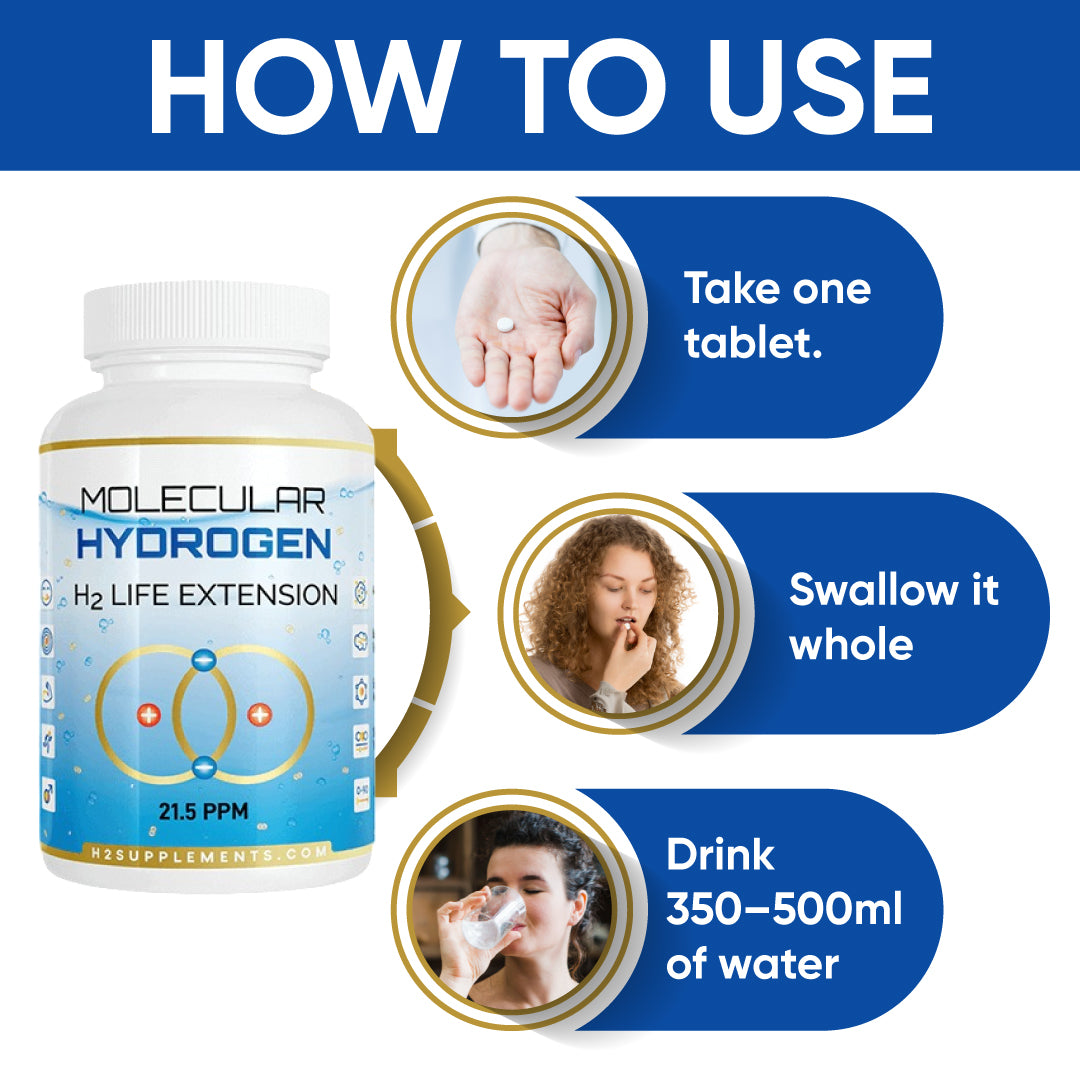 How to use Molecular Hydrogen H2 Life Extension Tablets: take one tablet, swallow whole, and drink 350-500ml of water.