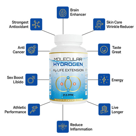 Molecular Hydrogen H2 Life Extension Tablets benefits including strong antioxidant and brain enhancer.