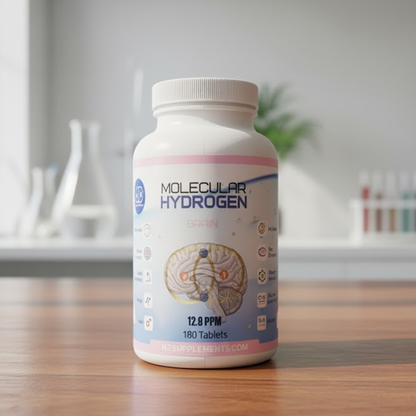 Brain Enhancement & Cognitive Support Supplements featuring Molecular Hydrogen, 12.8ppm, in a white bottle.